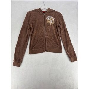Mossimo Zip Up Hoodie Womens Small Brown Terry Cloth Y2K Crest Rhinestone
